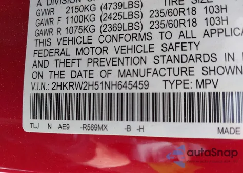 2022 Honda Cr-V Awd Ex из США, поврежденный, VIN 2HKRW2H51NH645459
